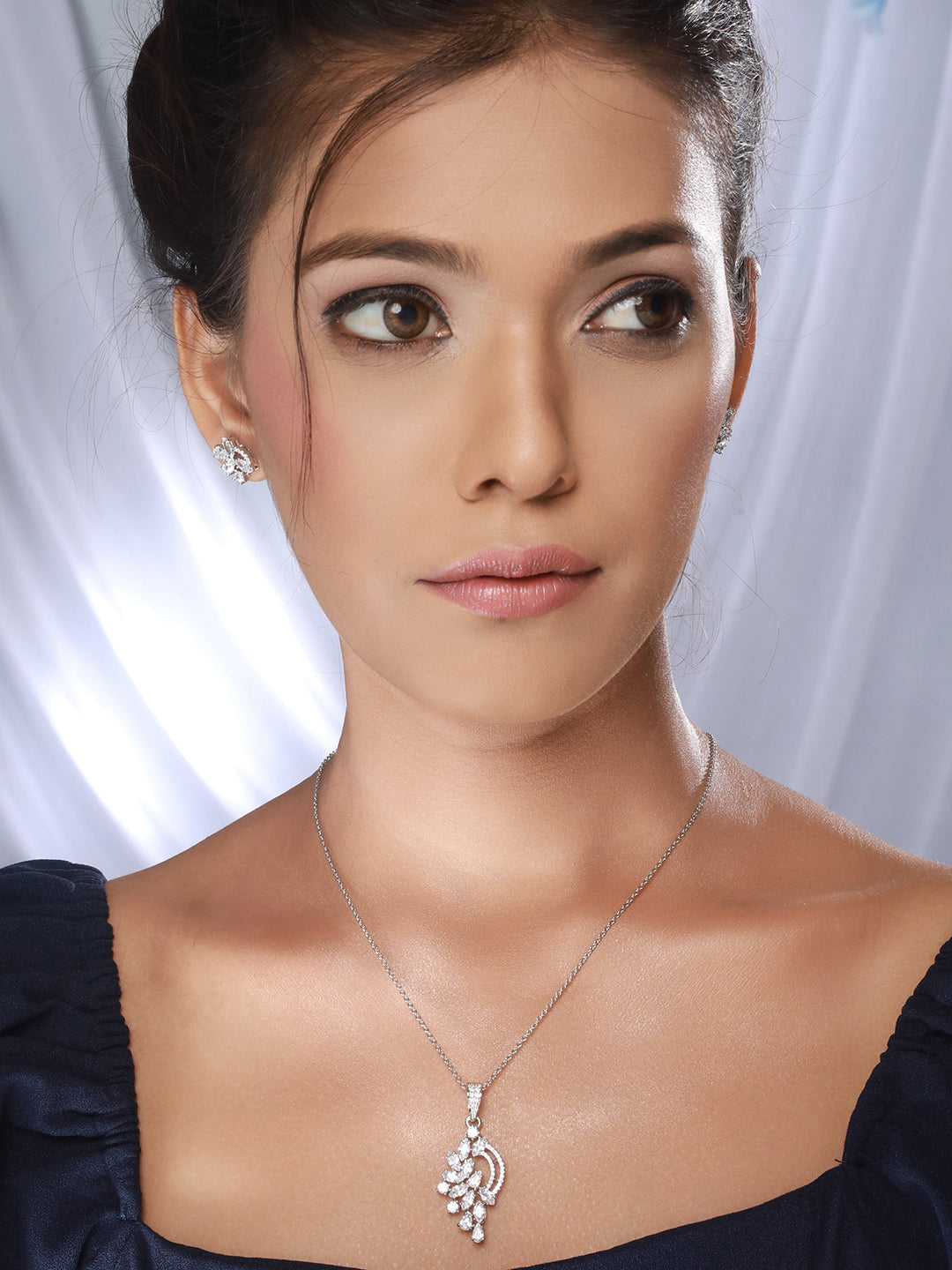 Silver Toned CZ Studded Minimal Statement Locket Jewellery Set